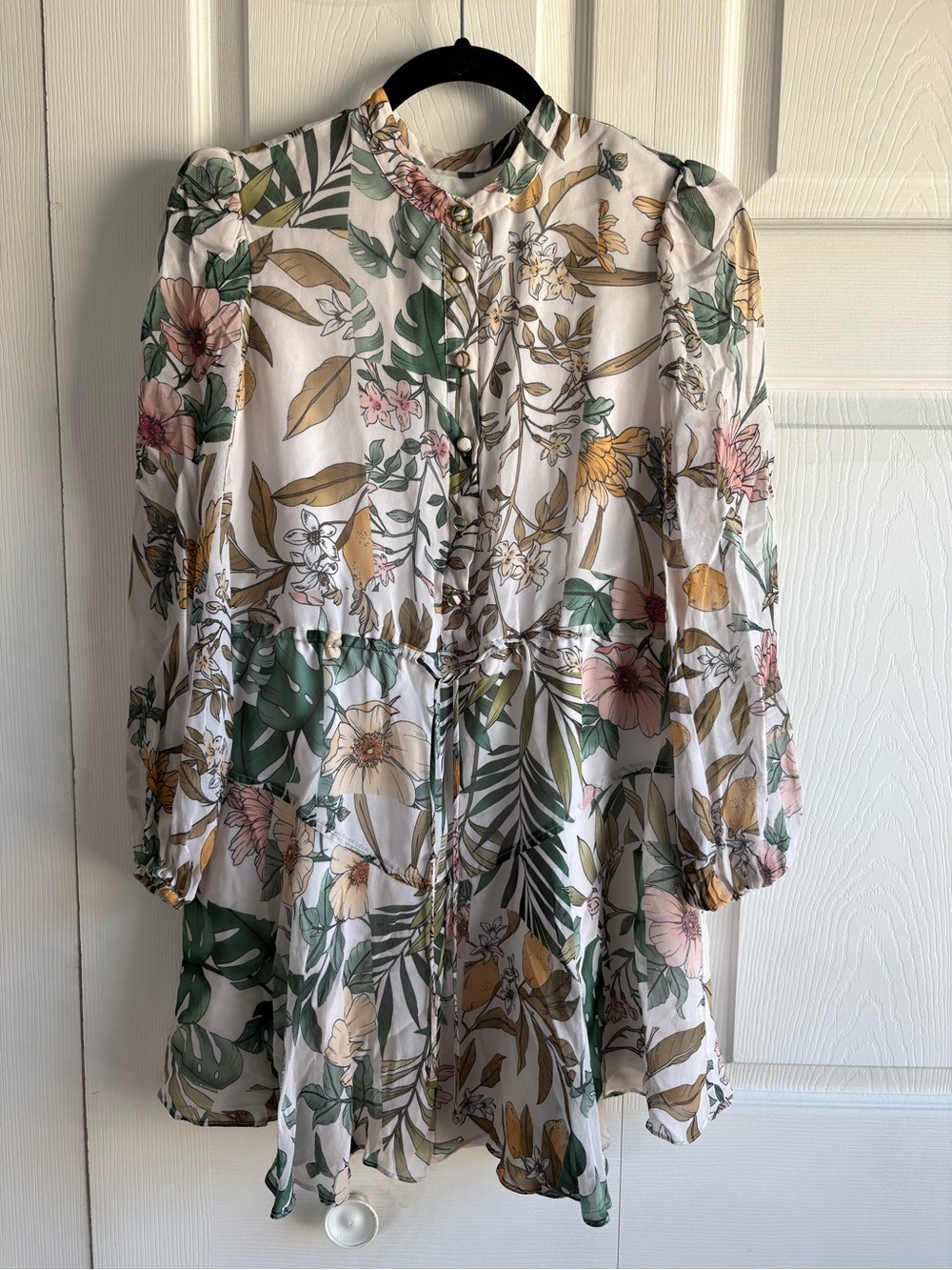 Milly White Floral Tropical Fit&Flare Dress Long Sleeve Silky‎ Resort Cruise 0
